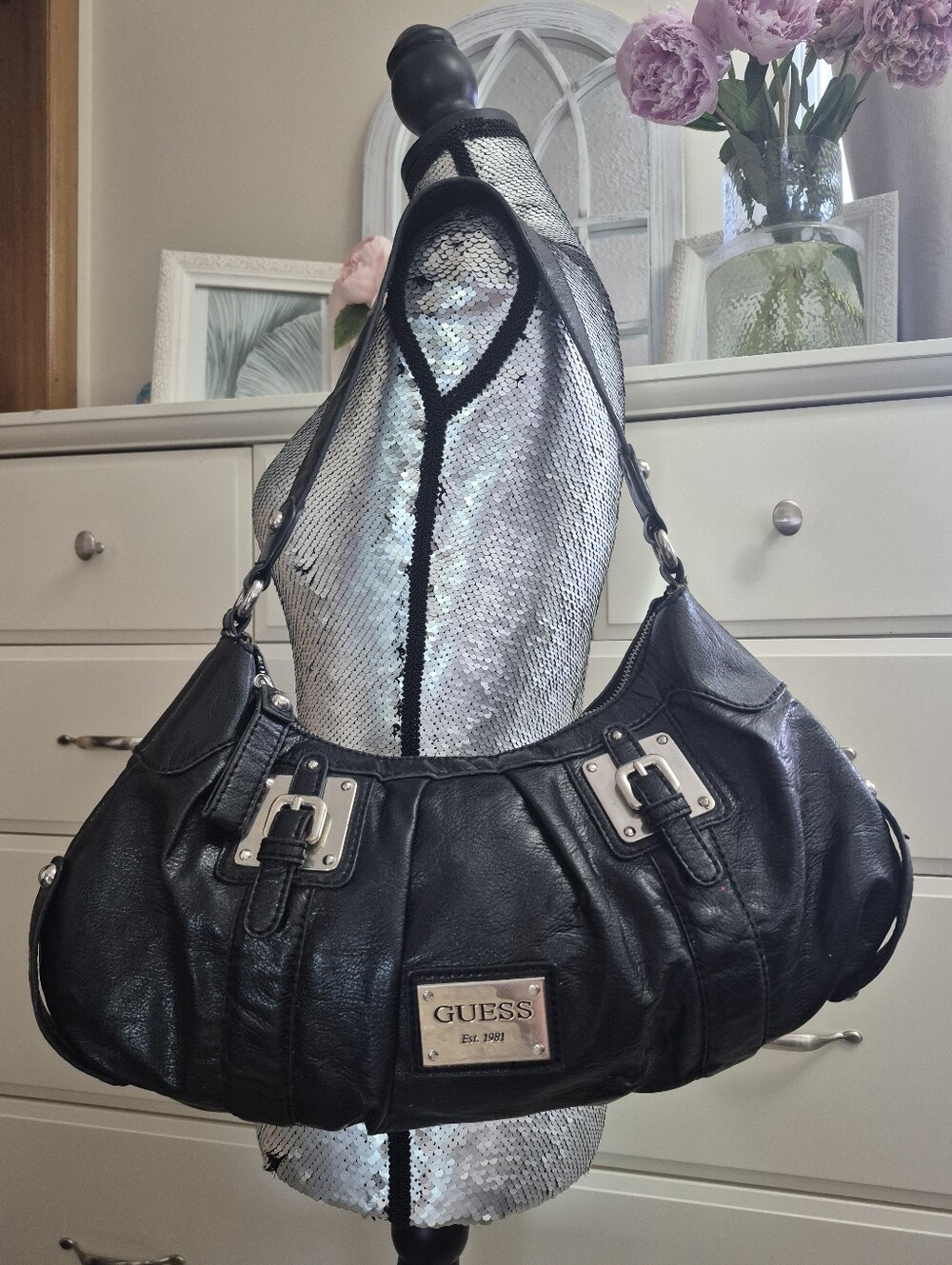 Y2K Rare Guess Black Leather Shoulder Hobo Bag Silver Hardware